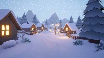 Fototapeta premium Snowy winter village at dusk with illuminated cottages and falling snowflakes in a serene landscape