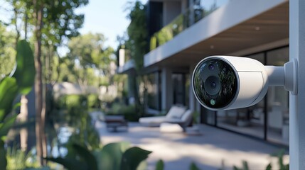 A camera is mounted on a pole in front of a house. The camera is pointed at the house and the surrounding area. The house is large and has a pool in the front yard