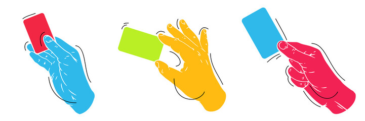 Hands holding cards. Stylized colorful art illustration in flat minimal style. Set bright vector elements.
