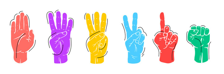 Cartoon hands gestures in bright colorful style. Arms with different up fingers. Vector trendy art illustration.