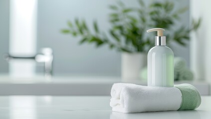 white marble bathroom counter had towels and a green soap bottle on the right, in a close up shot