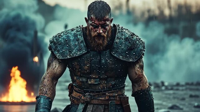 Powerful viking warrior standing on battlefield after battle
