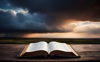 open bible on cloudy sky background concept religion
