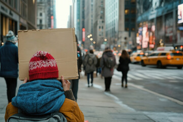 A person wearing a red hat and blue scarf is holding a plain cardboard sign while standing in a...