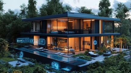 A large house with a pool and a lot of windows. The house is lit up with blue lights