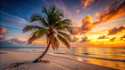 Fototapeta premium Isolated palm tree stands tall on a serene white sand beach at sunset, with gentle waves and a warm orange sky in the background.