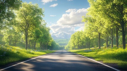 It sounds like a serene scene. A straight road flanked by green grass and trees under a clear sky