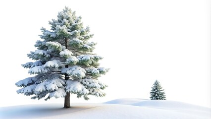 Obraz premium Isolated pine tree with snow-covered branches stands tall against a pure white background, evoking a sense of serenity and winter wonderland magic.