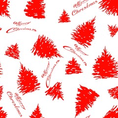 Seamless pattern contour red fir christmas trees and greeting phrases congratulations merry christmas. Christmas repeating pattern is hand drawn on white  background