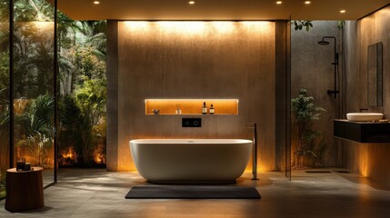 A bathroom with a large bathtub and a shower. The bathroom is well lit and has a modern design