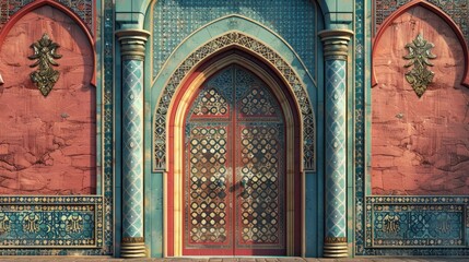 Obraz premium Ornately designed blue and red door with intricate patterns at a historical building