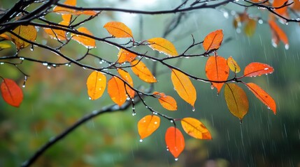 Branches with colorful leaves, raindrops on leaves, beauty of autumn rain. The generation of AI