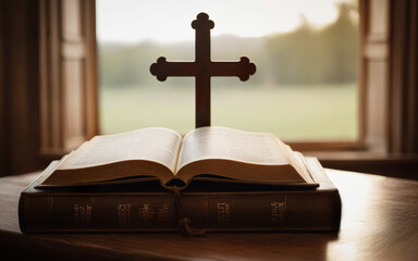 open bible and wooden cross crucifix