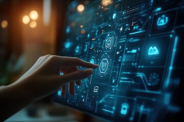 A person is pointing at a screen with a blue screen that has a lot of icons and a shopping cart