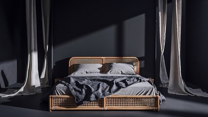 Dark bedroom interior mockup, wooden rattan bed on empty dark wall background, Scandinavian style, 3d render