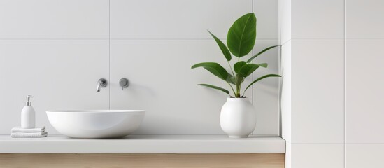 Fototapeta premium white bathroom counter with space for copy, featuring an empty countertop and a background of clean tiles.