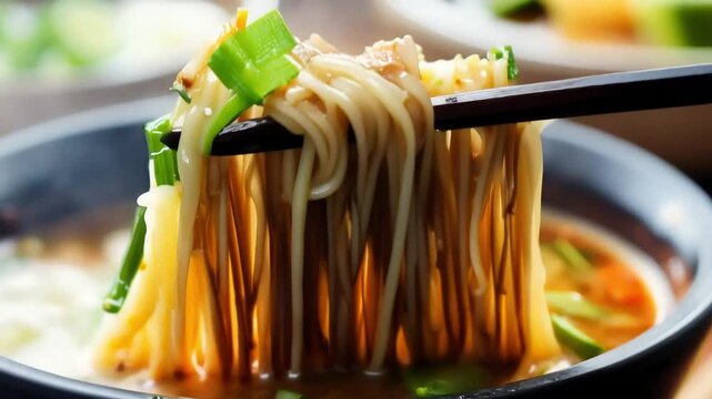 Soba Noodle Symphony: Savory broth embraces buckwheat noodles, lifted by chopsticks, showcasing Japanese culinary artistry.