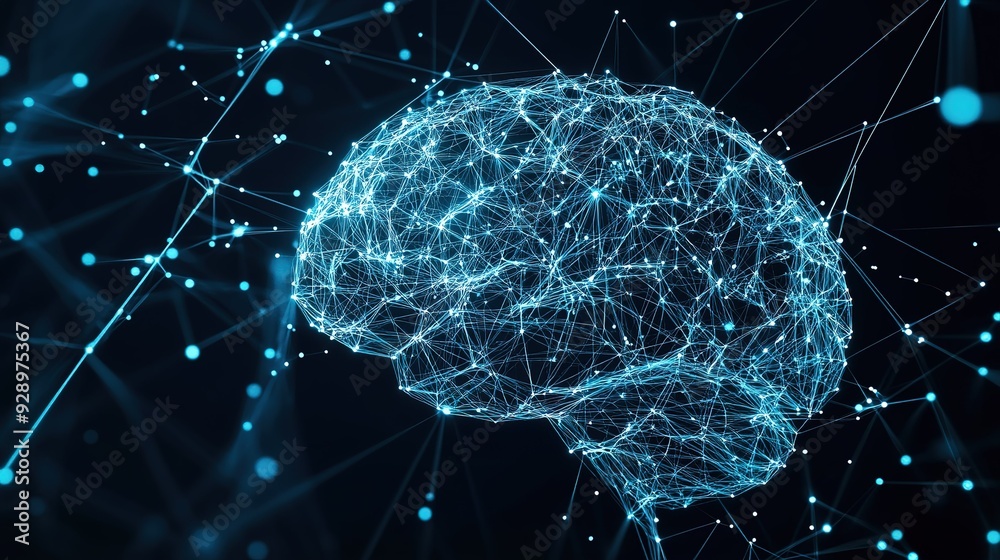 Poster digital representation of a brain with interconnected neural networks glowing in dark space