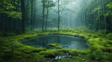 Obraz premium Misty forest with a tranquil pond surrounded by lush green moss and trees