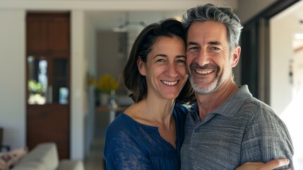 Obraz premium A middle-aged couple smiles warmly, embracing each other in a cozy home environment, capturing love and togetherness.