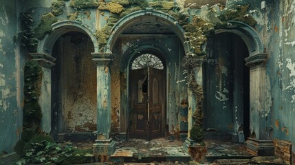 Fototapeta premium Abandoned doorway with overgrown vegetation in a derelict building during daylight