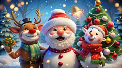 Joyful festive scene featuring smiling Santa Claus, Rudolph the red-nosed reindeer, and cheerful snowman surrounded by sparkling Christmas decorations and snowflakes.