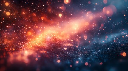 Abstract background with glowing particles and bokeh lights in orange, blue and red hues.