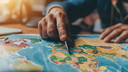 Detailed view of a travel agent pointing at a world map while discussing a destination