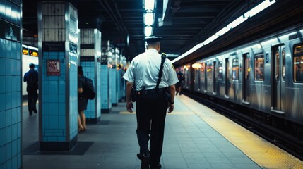Officer walking along a brightly lit subway platform, exuding authority and watchfulness while navigating through the bustling underground transit environment.