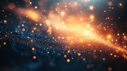 Abstract background with glowing particles and bokeh lights in orange, blue and red hues.