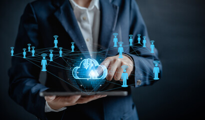 Businesswomen connecting to cloud virtual, global people network online, workflow servers system and data center organization, efficiently manage data, communication systems online concept,