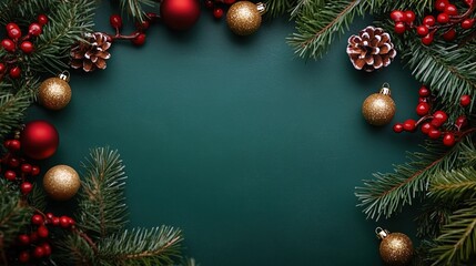 Festive Green Christmas Frame: A vibrant green background adorned with evergreen branches, sparkling ornaments, and festive red berries 