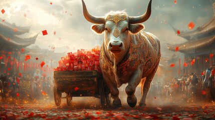 Majestic Ox in Ornate Attire Pulling a Cart of Red Envelopes During Chinese New Year Parade