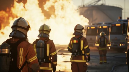 Fototapeta premium Firefighters walking towards large flames in full protective gear, ready to combat the fire in an intense emergency scene.
