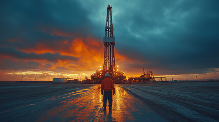Oil Rig Worker at Sunset Overseeing Drilling Operations Amidst Dramatic Sky in Remote Location