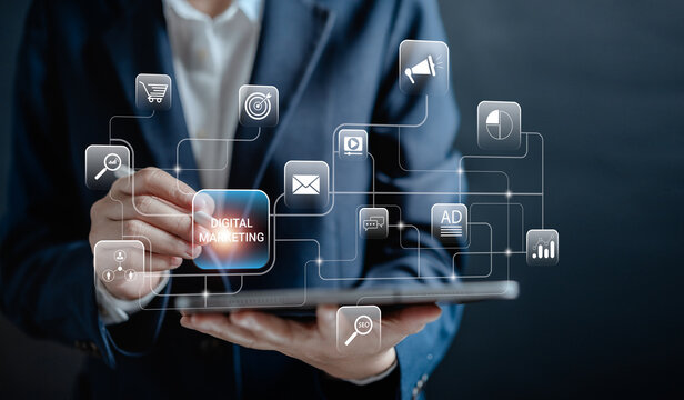 Businesswomen use tablet to make digital marketing, online selling, promotion of brand to connect potential customers via internet and digital communication, email, social media, web-based advertising