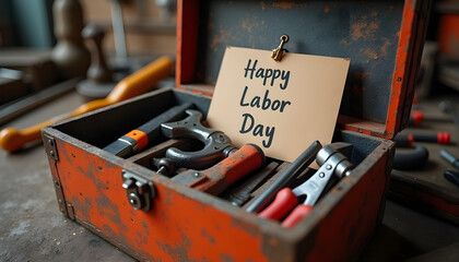 An Open Rusty Tool Box With a "Happy Labor Day" Sign Inside