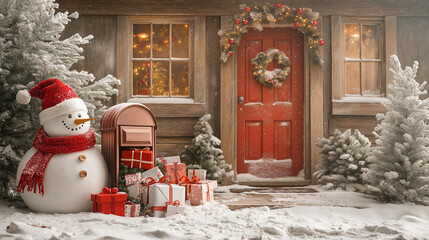 Festive Christmas Snowman and Gifts by Rustic Cabin Door with Snow-Covered Pines and Wreath Decor