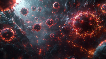 Close-Up Visualization of Virus Particles in a Microscopic Environment with Fiery Red Glow