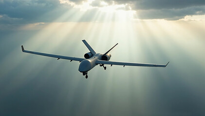 A drone soars through a cloudy sky, with sunlight beams casting dynamic shadows on its body, plus ample space for impactful text.