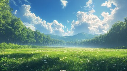 Serene Nature Scene with a Lush Meadow, Blue Sky, and Sunlit Wildflowers Promoting Tranquility and Mindfulness