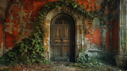Fototapeta premium Abandoned entrance with overgrown vegetation in a derelict building during daylight