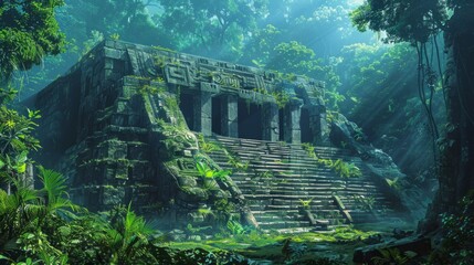Ancient jungle temple hidden in dense foliage with sunlight filtering through trees