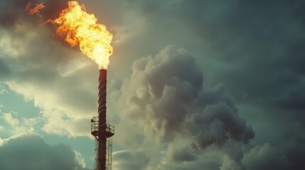 Fototapeta premium A towering smokestack releases flames and smoke into a cloudy sky, symbolizing industrial impact and environmental concern.