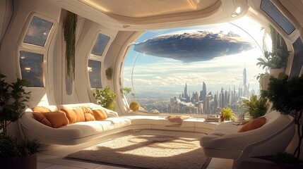 Bright spacious futuristic apartment interior with panoramic cityscape view