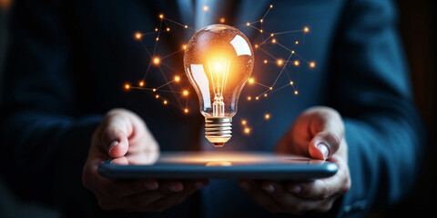 Technological innovation and startup concept with floating light bulb and digital network connection in hands holding a tablet.
