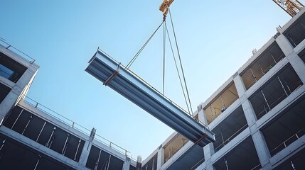 A crane lifting a steel beam at a construction site under clear blue skies, emphasizing industrial work and modern architecture.