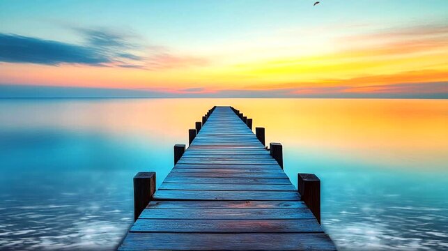 Wooden dock extending into a colorful ocean during a vibrant sunrise with birds soaring above. Seamless looping 4k time-lapse animation video background