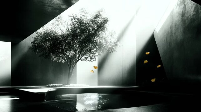 Solitary tree growing in a dark urban space illuminated by dramatic light rays and surrounded by butterflies. Seamless looping 4k time-lapse animation video background