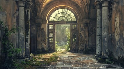 Obraz premium Abandoned building entrance surrounded by nature in soft afternoon light